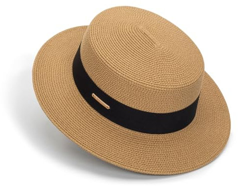 Damen-Sonnenhut aus Stroh, flache Oberseite, Sommerhut mit breiter Krempe, faltbar, Fedora-Panama-Strandkappe mit Band, Khaki mit schwarzem Band, M