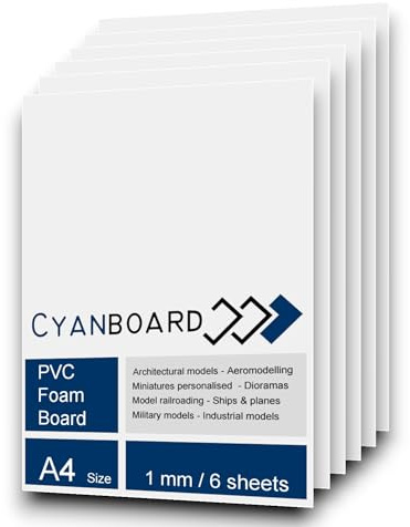 Cyanboard, 6 x expanderade PVC-plattor 1 mm A4 (297 x 210 mm) matt vit, skummad PVC.