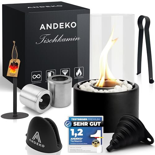 ANDEKO Bioethanol Tischkamin - 3h Brenndauer - Stilvoller Bio Ethanol Tischkamin Outdoor & Indoor - Eleganter Ethanol Kamin - Tischfeuer Outdoor - Tischkamin Ethanol - Gartendeko - Balkon Deko