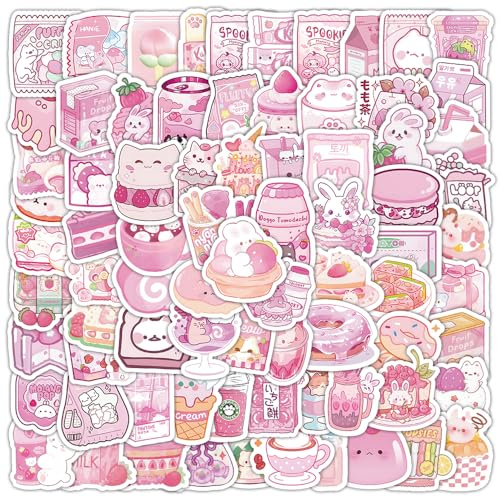 Cute Snack Stickers Pink Food Drink Kawaii Small Beverage Decorative Masking Stickers for Personalize Laptop Scrapbook Daily Planner, 100pcs, 1-2 Inches