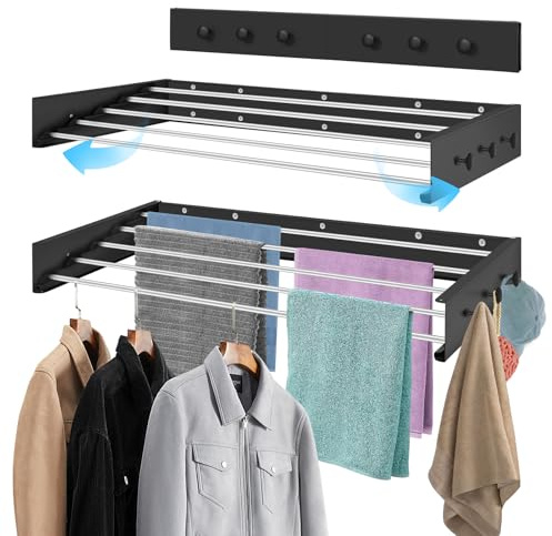 Wäscheständer Wandmontage Wäschetrockner Wand Ausziehbar 100cm Schwarz | Platzsparend Wand Wäschetrockner mit 6 Handtuchhaken, für drinnen oder draußen,Balkon, Terasse