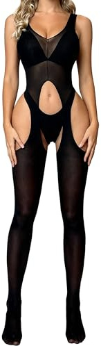 Mingnos Dessous Damen Sexy Unterwäsche Erotische Bodystocking Ouvert Catsuit Nachtwäsche Hohl Reizwäsche Ärmellos Body Strumpf Schwarz