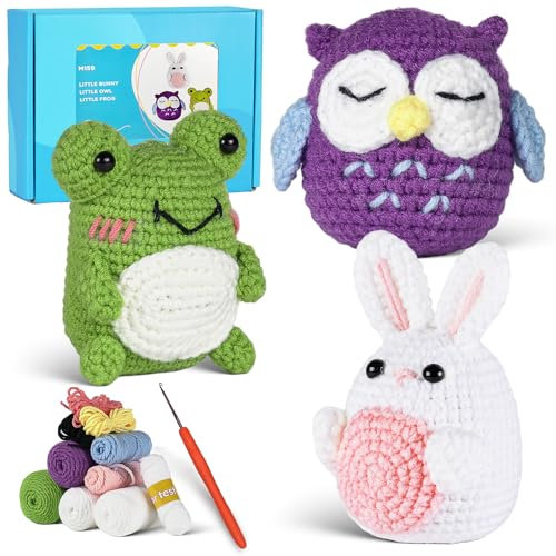 Häkeltier-Set für Anfänger, Häkel-Strickset für Erwachsene, Frauen, Kinder, DIY mit Schritt-für-Schritt-Video, einfache Lernanleitung zum Häkeln, Garn, Haken, Zubehör (weiße Hase, Frosch, Eule)