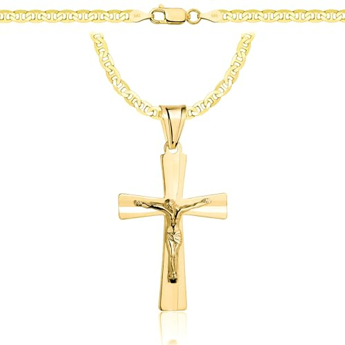 AMAR PRAGNA Gold Damen/Herren Kette mit einem 925/585 Kreuz, original geflochten, Breite 3,8 mm, Goldkette- Halskette, kreuz kette gold 585