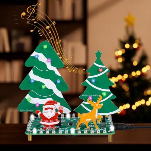 DIY LED Weihnachtsbaum Kit, LED Blinkender Weihnachtsbaum Mini Weihnachtswald Löten Übungskit mit Musik, DIY Weihnachtsmann Elch Weihnachten Elektronik Kit