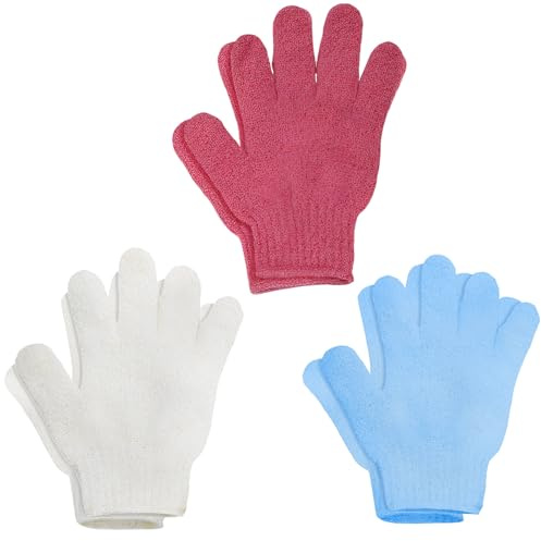 6Pcs Exfoliating Gloves - Bamboo Shower Gloves - Bath and Body Exfoliator Mitts - Scrubs Away Ingrown Hair and Dead Skin - for Shower, Spa and Massage Cell Remover Loofah - White,Red,Blue