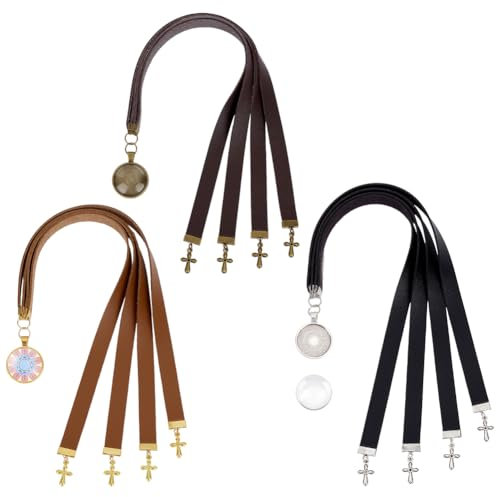 FINGERINSPIRE 3 Stück Leder Lesezeichen Mit Rundem Medaillon Anhänger Bibel Lesezeichen Aus Kunstleder Mit 4 Bändern 3 Farben Metalllegierung Lesezeichen Mit Kreuzanhänger Christliches Lesezeichen