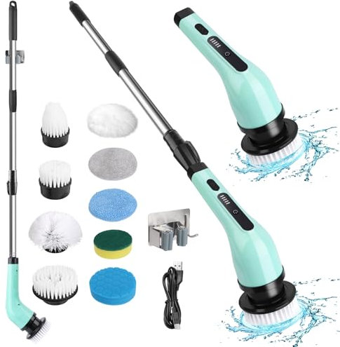 LWMTT Elektrische Reinigungsbürstemit Haushalt mit 9 Austauschbaren Bohrbürstenköpfen Electric Spin Scrubber mit Verstellbarem Griff Electric Cleaning Brush für Fliesenboden, Küche, Auto, Badezimmer