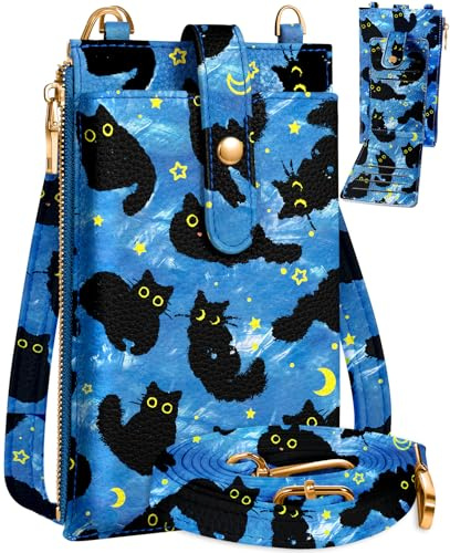 Miss Adola Phone Bag Crossbody for Women - Leather Mobile Phone Bags Black Cats Ladies Phone Purse Bag with Shoulder Strap Cute Designer Aesthetic Cellphone Wallet