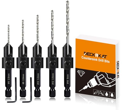 5 Pack Woodworking Countersink Counterbore Drill Bit Set 3in1 for #6 8 10 12 16 Screws,6542 Pilot Drill Bits Adjustable Depth, 82-Degree Chamfer with Stop, 6mm Hex Shank, Includes 2 Allen Wrenches