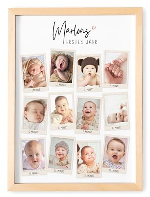 Mein erstes Jahr Bilderrahmen personalisiert mit Baby Fotos für 12 Monate | Personalisiert, mit euren Fotos, Meilenstein & Erinnerung, Geschenk zum 1. Geburtstag, für Mädchen & Jungen