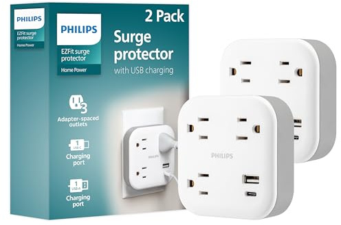Philips EZFit 3-Outlet Surge Outlet Extender with USB, 1 USB-A, 1 Type-C, Adapter Spaced, Charging Station, 12W, 980 Joules, 2 Pack, White - SPP3605W/37