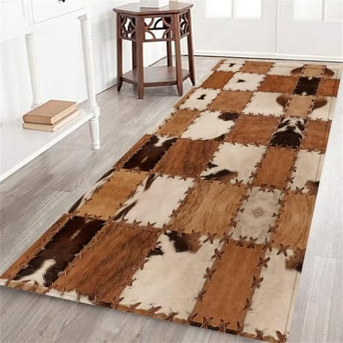 Tappeto runner in pelle bovina marrone, 80 x 300 cm, stampa patchwork, pelliccia di mucca, per corridoio e ingresso, stile fattoria occidentale, antiscivolo, adatto agli animali domestici, resistente