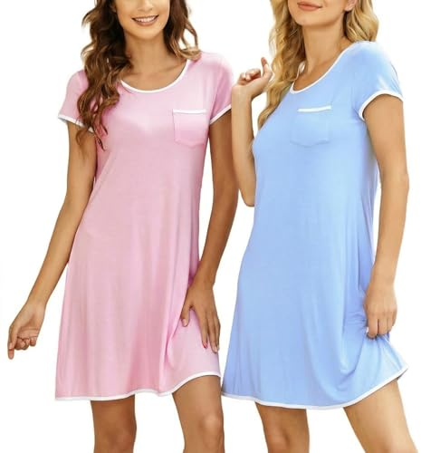 Ekouaer Nattlinne dam sommar kortärmad pyjamas bekväm nattklänning nattklänning rund hals S-XXL, Rosa+himmelsblå, L