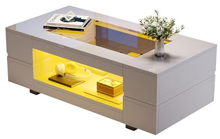 Azkoeesy Couchtisch 100 x 50 x 35 cm mit LED-Beleuchtung und Glasstischplate Kaffeetisch Sofatisch Wohnzimmertisch für Party, Büro, Wohnzimmer (Weiß)