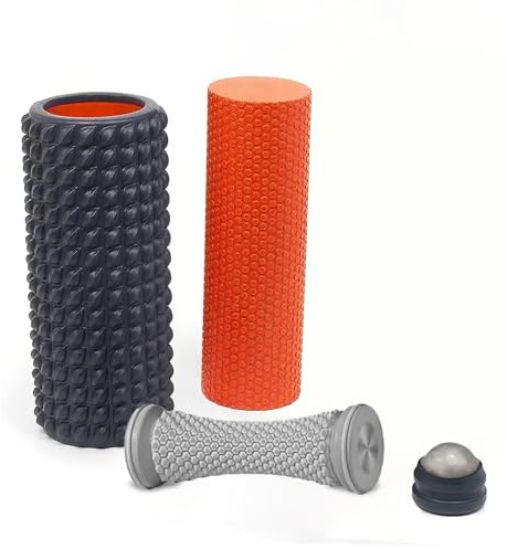Kit de rouleaux en mousse 4 en 1 – Cylindre solide, Rouleau creux, portatif et massage plantaire, Soulagement douleurs dos, cou, jambes, régénération musculaire yoga et thérapie
