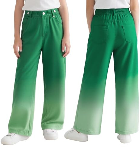 Domueay Filles Jeans Baggy Pantalon Large Leger avec Taille Élastique Loose Fit Long en Denim Jeans Mode Confortable Vetement Décontracté Ado Streetwear Enfants pour 11-12 Ans, Vert