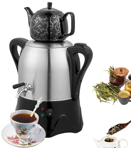 QINPI Teiera Elettrica Turca da 2000 W, Teiera Elettrica, Teiera in Acciaio Inox da 3 Litri, Teiera in Ceramica da 1 Litro, Samovar Turco Elettrico con Funzione di Mantenimento in Caldo