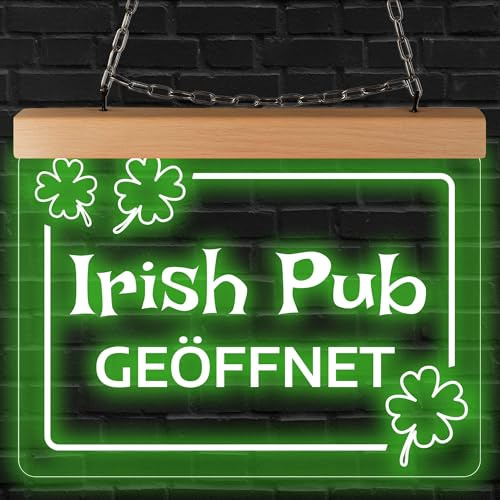 Indigos UG - LED Lamps - Illuminated Sign - Irish Pub Open - Engraved - 26 x 20 cm for Hanging on Wall or Panel - LED Sign Illuminated for Office Shop Practice Studio Shop Window Reception Advertising