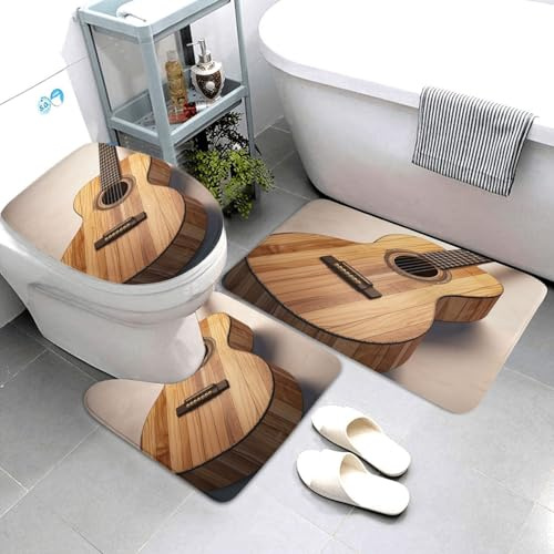Juego De 3 Alfombrillas De Baño Guitarra De Madera Juego De Alfombrillas De Baño Durable por Encargo Alfombras De Cama, para Dormitorio, Cocina, Bathroom