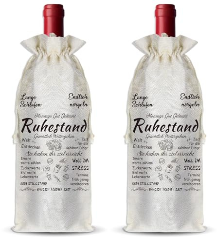 2 Stück Pension Geschenk Frau, Ruhestand Geschenk Mann, Wein Geschenkbeutel Jute, Weinflaschen Tasche für Ruhestand Geschenke, Renteneintritt Geschenke für Frau und Mann, Pension Idee, Rente Party