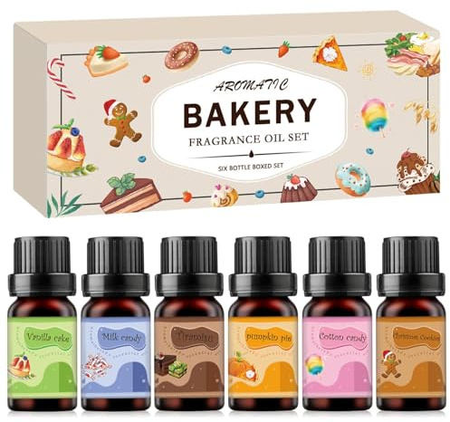 Backen Ätherische Öle Set,Duftöl für kerzen,Aromatherapie Duftöle,Duftöl Set für Öldiffusoren,Kürbiskuchen, Tiramisu, Vanillekuchen, Weihnachtsplätzchen, Milchbonbons, Marshmallows(6x10ml)
