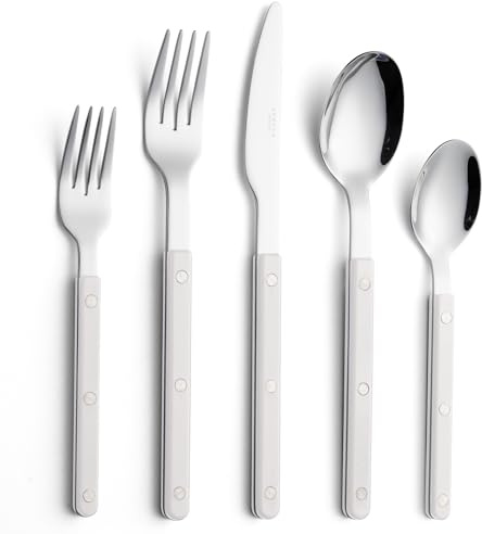 ANNOVA Set di posate, posate in acciaio inossidabile colorate in stile retrò/rivettate, coltelli da tavola, forchette, cucchiai, forchette da insalata e cucchiai da dessert (Bianco,10 Pezzi)