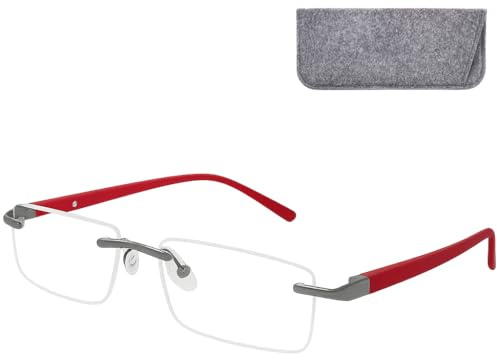 Randlose Blaulichtfilter Brille für PC mit Stärke und Filzetui | Klare Gläser, 22 g leicht und 136 mm breit – ohne Stärke oder mit +1,0 bis +2,5 Dioptrien erhältlich.