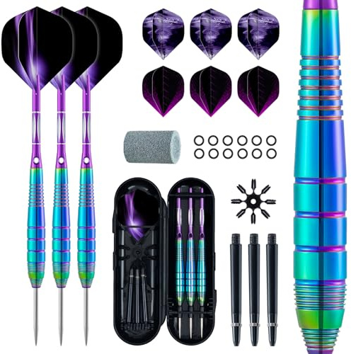 XAWU Dartpfeil-Set mit Stahlspitze, 22 g, mit 9 Dart-Flights, 3 Aluminium-Schäften, 3 Ersatzschäften, 1 Dartschärfer, 12 Gummi-O-Ringe, Flugschutz und Dart-Etui, 3 Stück