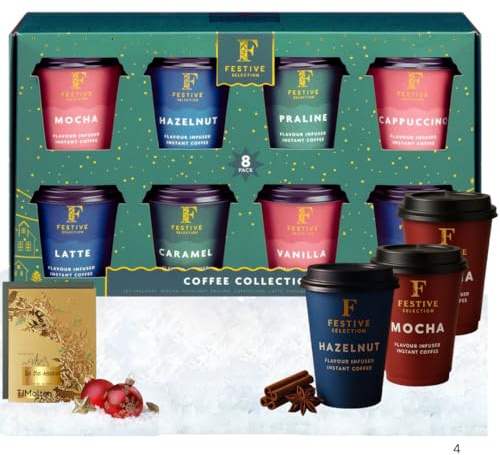Christmas Coffee Gifts - 8x Instant Flavoured Coffee (Caramel, Amaretto, Hazelnut Latte & More) | Premium Coffee Gift - Christmas Presents for Women & Men - Coffeee Advent Style & TJMolten xmas Card