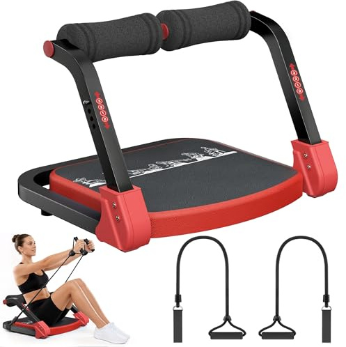 UrbanLuxe Bauchtrainer, Sit-Up Gerät mit zwei Zugseilen, 4-fach einstellbarer Widerstand, automatischer Rückprall, Ab Trainer für Zuhause und Fitnessstudio (Rot)