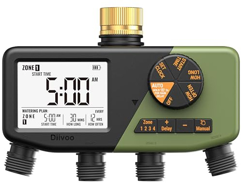 Diivoo 4-zons bevattningsdator med mässingsintag, IP68 vattentät 4-zons vattentimer med stor display, digital kontroll, regnfördröjning och manuell vattning för trädgårdsslang, gräsmatta, trädgård