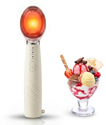 Beheizbarer Eisportionierer, Edelstahl Wiederaufladbarer Eislöffel Portionierer Wärmender Eisportionierer mit 3 Temperaturen, 2600 mAh LED-Display, für Hartes Eis & Gelato - Beige