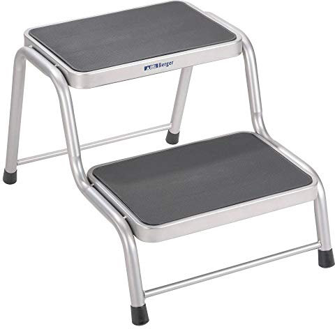 BERGER | Escalera Dos peldaños, Taburete 2 peldaños para Caravana, Peldaño Caravana, Escalon Autocaravana y Caravana, Taburete de Acero Plata/Negro escalón Antideslizante y Resistente