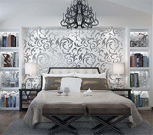 Vliestapete Tapete 3D Luxus Kunst Design Wandpapier Barock Geprägt Vlies Damast Strukturierte Tapetenrolle für Wohnzimmer/Schlafzimmer/TV-Hintergrund, Heimdekoration, 10 m x 0,53 m/Rolle (Silber)