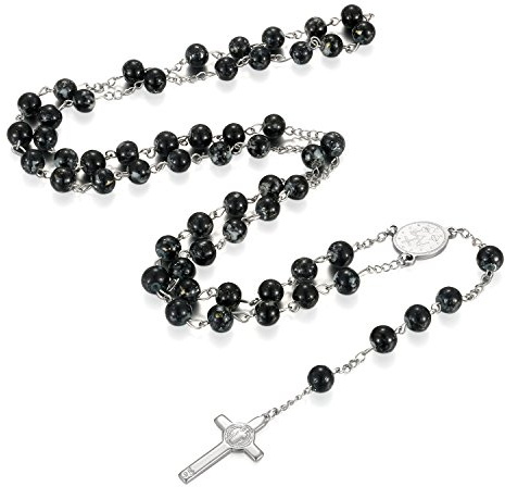 Flongo Rosenkranz Männer Kette Halskette Kugelkette Silber Schwarz Jungfrau Maria mit Jesus Kruzifix Kreuz Anhänger Perlen Klassiker
