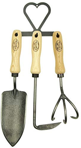 DeWit Gartenwerkzeug-Set 4-teilig: geschmiedete Blumenkelle, Unkraut-Jäter, Blumenkralle & Werkzeug-Hacke in Herzform I Profi Garten-Tools aus Borstahl zum Aufhängen I Garden Tools – Made in Holland
