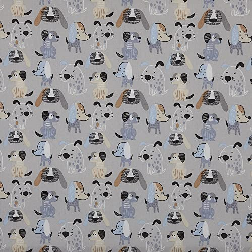 Kt KILOtela - Tessuto Canvas Stampato, Rivestire, Foderare, Divani, Tavolo, Sedia, Letto, Tende, Cuscini, Borse, 300 cm Lunghezza x 280 cm Altezza, Cani, Blu, Grigio, Marrone - 3 Metro