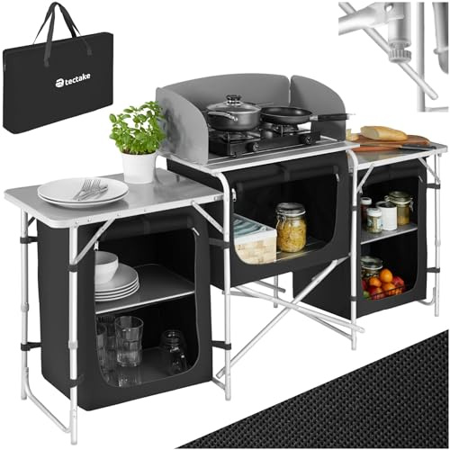 tectake® campingkök hopfällbart, portabelt och mångsidigt utekök med värmebeständig arbetsplatta, vindskydd, höjdjusterbara fötter & bärväska, lätt campingbord för gasspis och friluftsliv - Svart
