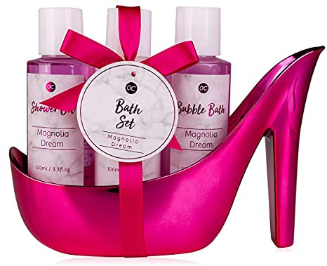 Accentra - Set de baño set de regalo para mujer MÁRMOL con tacón alto - Set de cuidado de 3 piezas con Gel de ducha, baño de burbujas y loción corporal - cumpleaños, San Valentín y Navidad (rosa)