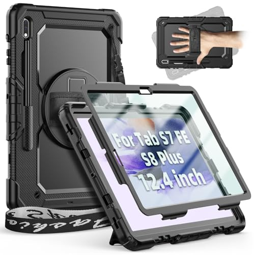 Timecity Hülle für Samsung Galaxy Tab S7 FE/S8+ Plus/ S7+ Plus 12.4 Zoll, Stoßfeste Schutzhülle mit Displayschutz Handschlaufe Schultergurt Drehbarer-Ständer S Pen Halter für S7 FE 2021, Schwarz