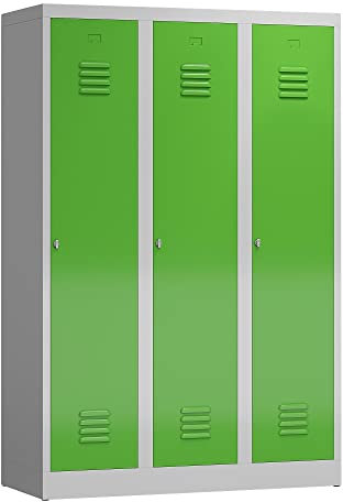 Lüllmann 3er Spind Spindschrank 3 Abteile mit S/W-Trennung 180x120x50cm (RAL 7035/6018 lichtgrau/gelbgrün)