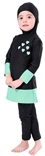 IWEMEK Mädchen Badeanzug UV Schutz 50+ Sonnenschutz Muslimische Islamische Bademode Langarm Oberteil + Rüschen Hose + Hijab Mütze Tauchanzug Bescheidener Neoprenanzug 3-teilig #2 Schwarz 11-12 Jahre