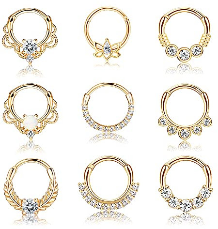 Kakonia 9Stk Septum Piercing Chirurgenstahl für Damen Herren 16G Zirkonia Nasenpiercing Ring Tragus Helix Daith Piercing Schmuck Gold Septum Clicker Ring Set 10MM