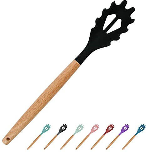 Forchetta per spaghetti in silicone, cucchiaio per pasta da 32 cm con manico in legno, per cucinare, senza BPA, nero