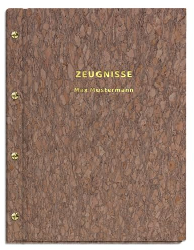 Personalisierte Zeugnismappe im Kork-Einband mit 2-zeiliger Prägung | für Zeugnisse, Urkunden oder Dokumente in DIN A4 - inkl. 12 Sichthüllen - handgefertigt und personalisierbar mit eigenem Text