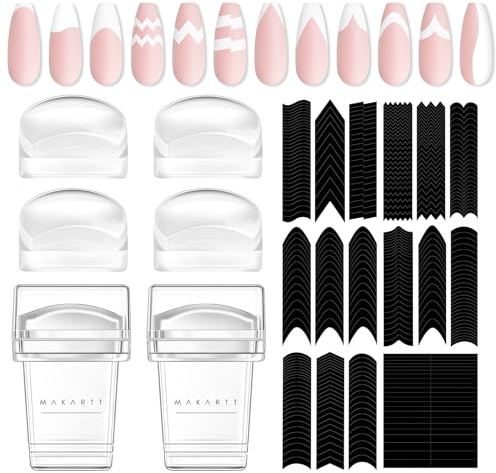 Makartt Lot de 12 tampons pour French Nails - 2 tampons à ongles en gelée - 4 têtes de tampon interchangeables en silicone et 6 feuilles de pochoirs pour French Nails - Pochoir de manucure