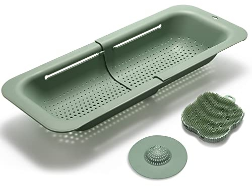 Domonic Home Scolapasta da sopra il lavello da cucina, scolapasta da sopra il lavello, cestino colino per verdure, frutta, pasta, colino pieghevole 36,8 - 49,5 cm, lavabile in lavastoviglie