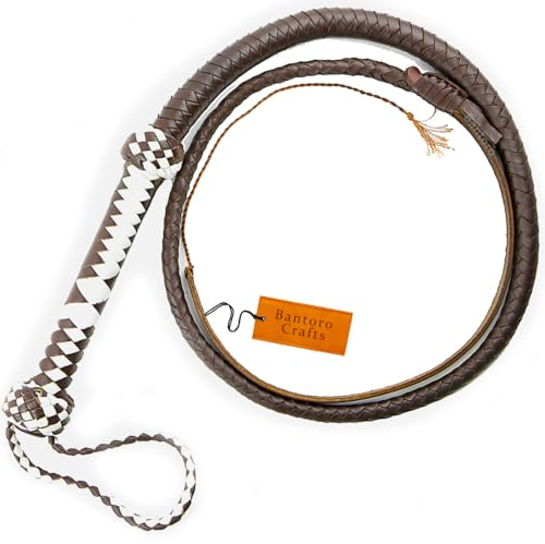 Bantoro Crafts Marron et Blanc Fouet en Cuir véritable 4 Pieds (1,21 mètre) de Longueur Cravache 12 Tresses Brins Cuir tressé Fouet craquant Fort Equitation