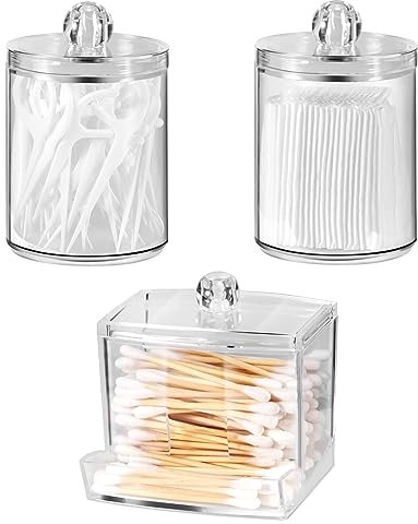 Annhua 3 Packs Cotton Bud Holder 10 Oz Plastic Bathroom Jars with Lid, Makeup Storage Cotton Pad Dispenser with U-shaped Opening for Cosmetics, Swabs, Dental Picks, and Hair Clips - Clear